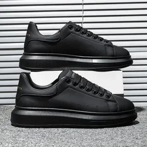 Women Black Platform Skate Shoes Thick Sole Height Increasing Lace Up Leather Casual Daily Walking Sneakers