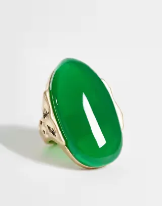 ASOS DESIGN statement ring with green stone setting in gold tone