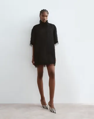 ARRANGE all over fringe t-shirt sleeve mini dress in black