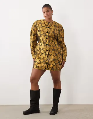 ASOS DESIGN Curve crew neck structured button down mini dress in gold floral