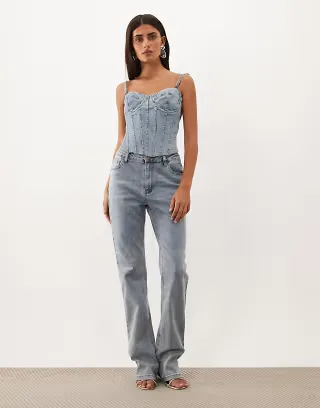 Oh Polly denim corset and jeans set in mid-wash blue