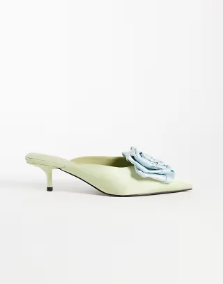 ASOS DESIGN Surprise corsage detail pointed kitten heel mules in mint and blue
