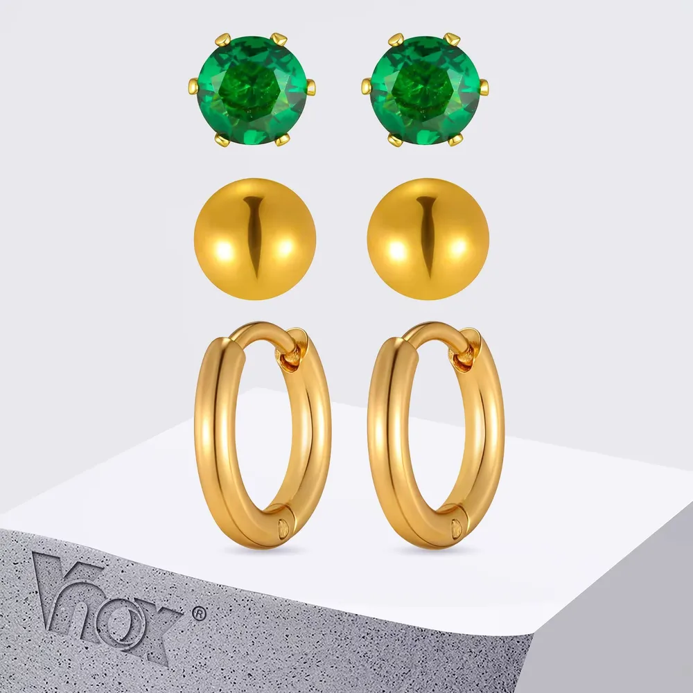 Vnox 6pcs Stainless Steel Earrings Set For Women, Gold Plated CZ Stones Ear Huggies, Anti-allergy Jewelry Set