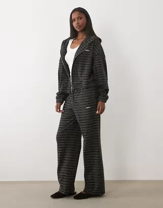 Kaiia oversized zip through fleece hoodie and pants set in navy and cream stripe
