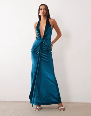 ASOS DESIGN plunge velvet tie front maxi dress in petrol
