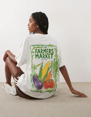 ASOS DESIGN oversized T-shirt with distressed farmers market graphic in white
