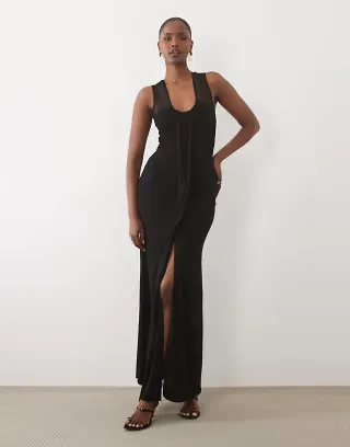 TFNC slinky v neck ruched front sleeveless maxi dress in black