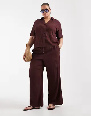 ONLY Curve crinkled textured short sleeve shirt & ONLY wide leg pants set in chocolate brown