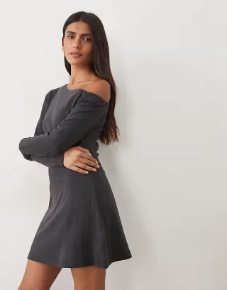 ASOS DESIGN supersoft slash neck long sleeve mini dress in charcoal