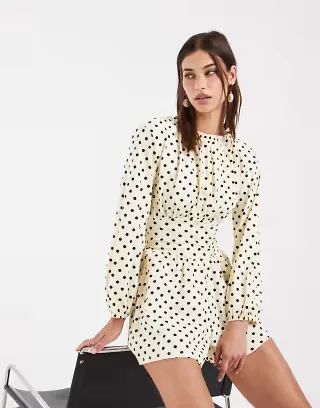 ASOS DESIGN polka dot cinched waist romper in lemon and brown