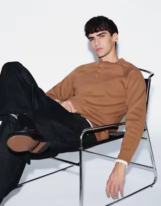 ASOS DESIGN relaxed knitted henley in taupe