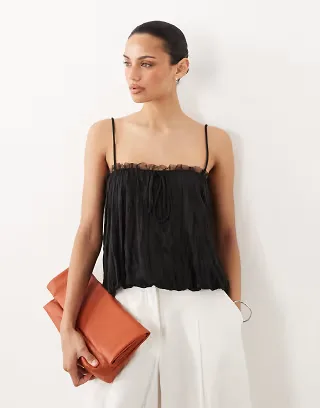 ASOS DESIGN crinkle cami top with bubble hem and mesh trim in black