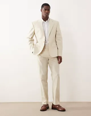 ASOS DESIGN 100% cotton linen look slim suit in beige