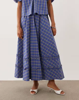 Sister Jane Lumina cotton ruffle detail a-line maxi skirt in blue plaid - part of a set