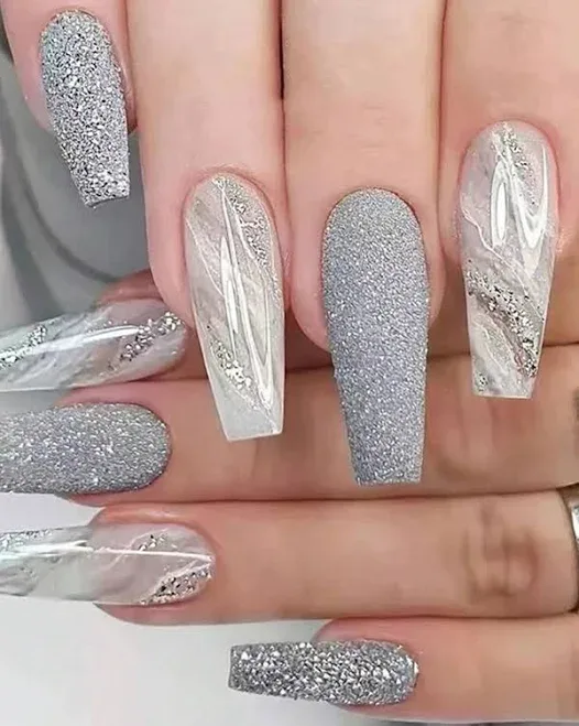 Grey Marble Glitter 3D Press On Nails Acrylic Designs Shapes 24pcs Long Coffin Shape Textured Pattern ABS Y2K Daily Part