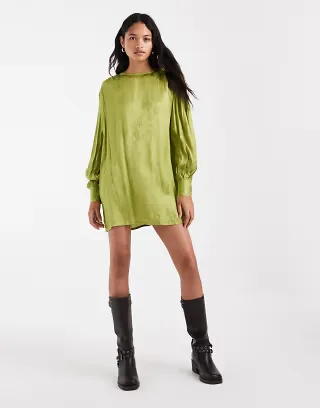 ASOS DESIGN crew neck jacquard mini dress with blouson sleeve in green
