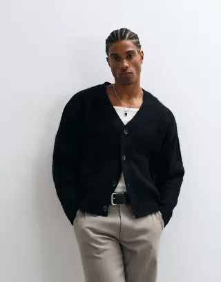 Cotton On fuzzy button down cropped cardigan in black