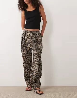 Ghospell Razan cotton high rise barrel leg jeans in brown tiger - part of a set