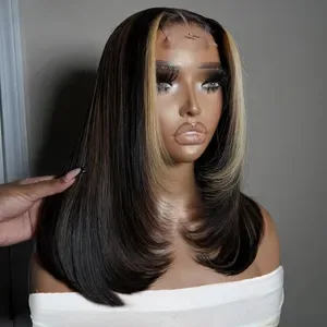 Brown Wide Stripe 13x4 Lace Front Straight Human Hair Wig, Short Highlighted Transparent Cap, 180% Density, Pre-Plucked