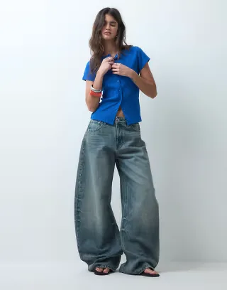 ASOS DESIGN bow barrel leg jeans in smoke blue