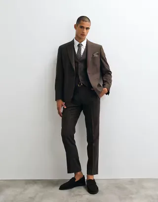 ASOS DESIGN slim herringbone suit with wool in brown