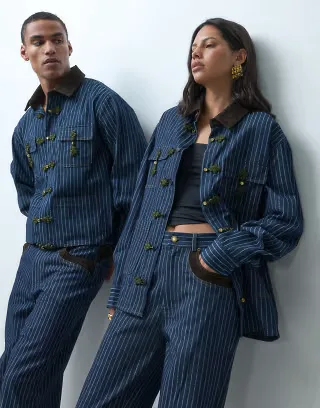 Sister Jane Unisex Libra denim collar detail long sleeve overshirt set in navy pinstripe