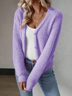 SHEIN Women's Long Sleeve Single-Breasted Mink Hair Cropped Cardigan