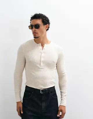 ASOS DESIGN muscle fit long sleeve linen mix ribbed T-shirt with henley neck in greige