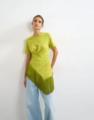 Topshop fringed wrap front tassel hem tee in olive