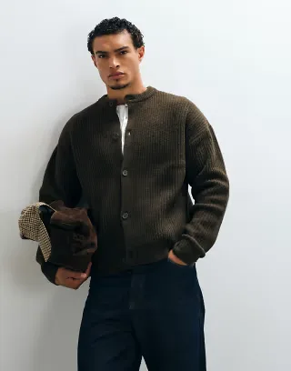 ASOS DESIGN oversized knit wool blend ribbed crew neck cardigan in dark brown