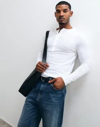 ASOS DESIGN slim fit long sleeve t-shirt with henley neck in white