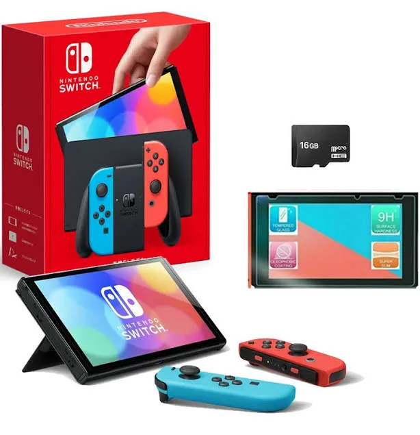 Nintendo Switch OLED 64GB Neon Console | Region Free | Screen Protector & 16GB microSD | Home Console