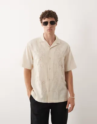 ASOS DESIGN relaxed shirt with linen and roping pattern in beige