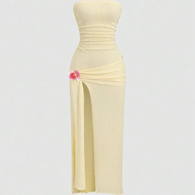 Sweetra Ruched High Slit Bandeau Bodycon Dress, Elegant,S