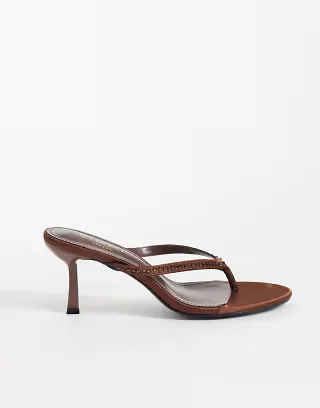 Simmi London Iris Wide Fit embellished heeled toe post sandals in brown satin