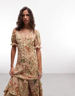 Reclaimed Vintage midi button down tea dress with ruffles in ditsy print
