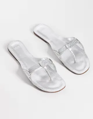 Mango 100% leather flip flop sandal in silver