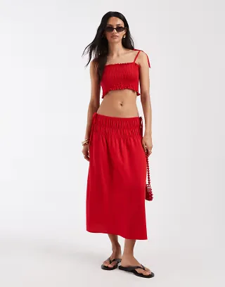 ASOS DESIGN linen blend shirred set in red