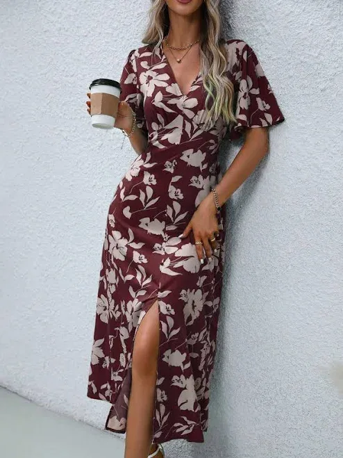 Women's Tropical Plant Print V-Neck Ruffle Short Sleeve Long Elegant Dress