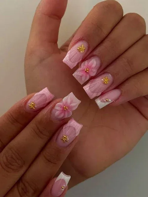 Multicolor 3D Floral Gel Nail Stickers Press On Acrylic Nails Designs Pearl Metal Bead Decor Square French Tip False 24p