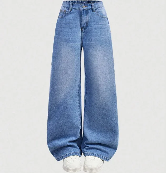 Tween Girl Y2K Retro Washed High Waist Cat Whisker Washed Baggy Straight Leg