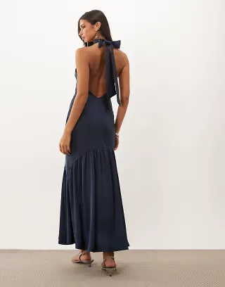 Pretty Lavish high neck bias cut backless satin midaxi dress in navy