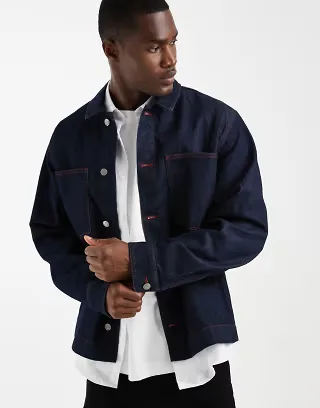 ASOS DESIGN long sleeve shirt in raw indigo denim with contrast red stitch
