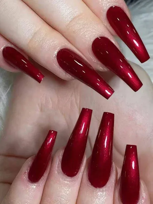 Red Cat Eye Press-On Nails Acrylic Designs Fall Long Coffin Shaped Y2K Aesthetic Crystal False Nail Set 24pcs Jelly Gel
