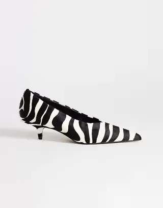 Topshop Avril hair on real leather kitten heel mid pumps in black and white zebra