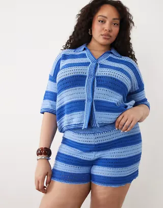 ASOS DESIGN Curve Sally beach knit shorts in blue striped print - part of a set