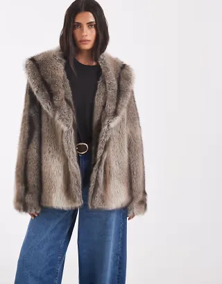 ASOS DESIGN shawl collar faux fur jacket in gray stripe