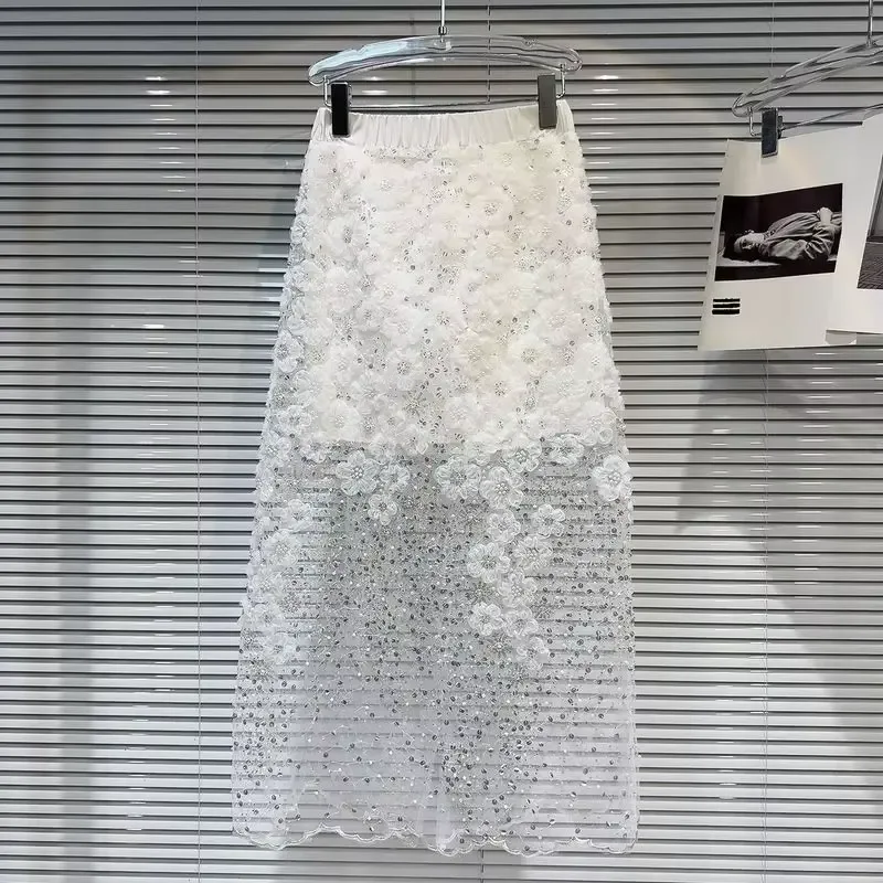 2026 Summer New Three-Dimensional Flower Sequin Elegant Mid-Length Transparent Mesh Skirt