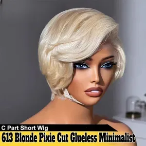 Brand 180% Density Brazilian Human Hair Pixie Cut Wigs - Short 613 Blonde with Bangs - 13x4/13x6 HD Transparent T Part a