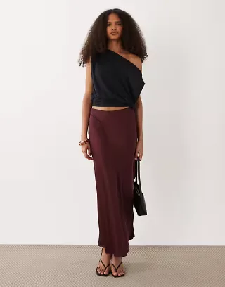 VILA satin maxi skirt in deep burgundy